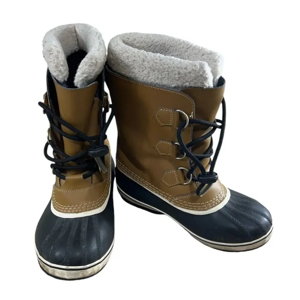 Sorel Snow Winter Duck Boots Women's Sz 4 Tan Leather Lace Up Waterproof Liners